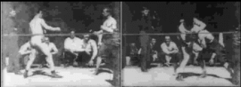 Deux prises du court métrage Leonard-Cushing Fight, tourné en juin 1894hacun des six rounds d'une durée d'une minute enregistré par le Kinétographe, a été projeté au prix de 22,50 $. Les personnes l'ayant vus, ont dit que Leonard gagnait par Knockout